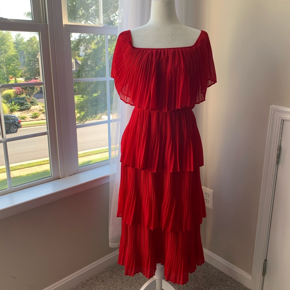 Red off the shoulder tiered dress